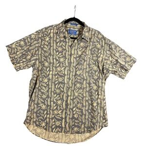 Pendleton Mens Large Grey Botanical Print Cotton Rayon Short Sleeve Button Shirt